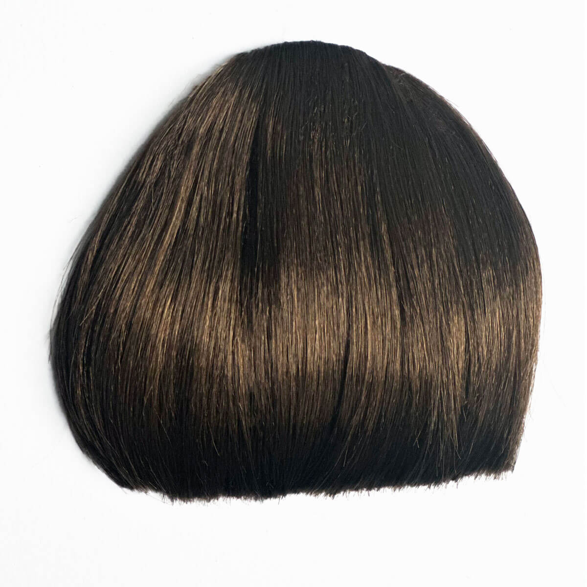 Brown hair clip on a white background. Clip-in fringe hairpiece/clip-in micro-bangs, thick, straight retro rockabilly style: Ida brown 12