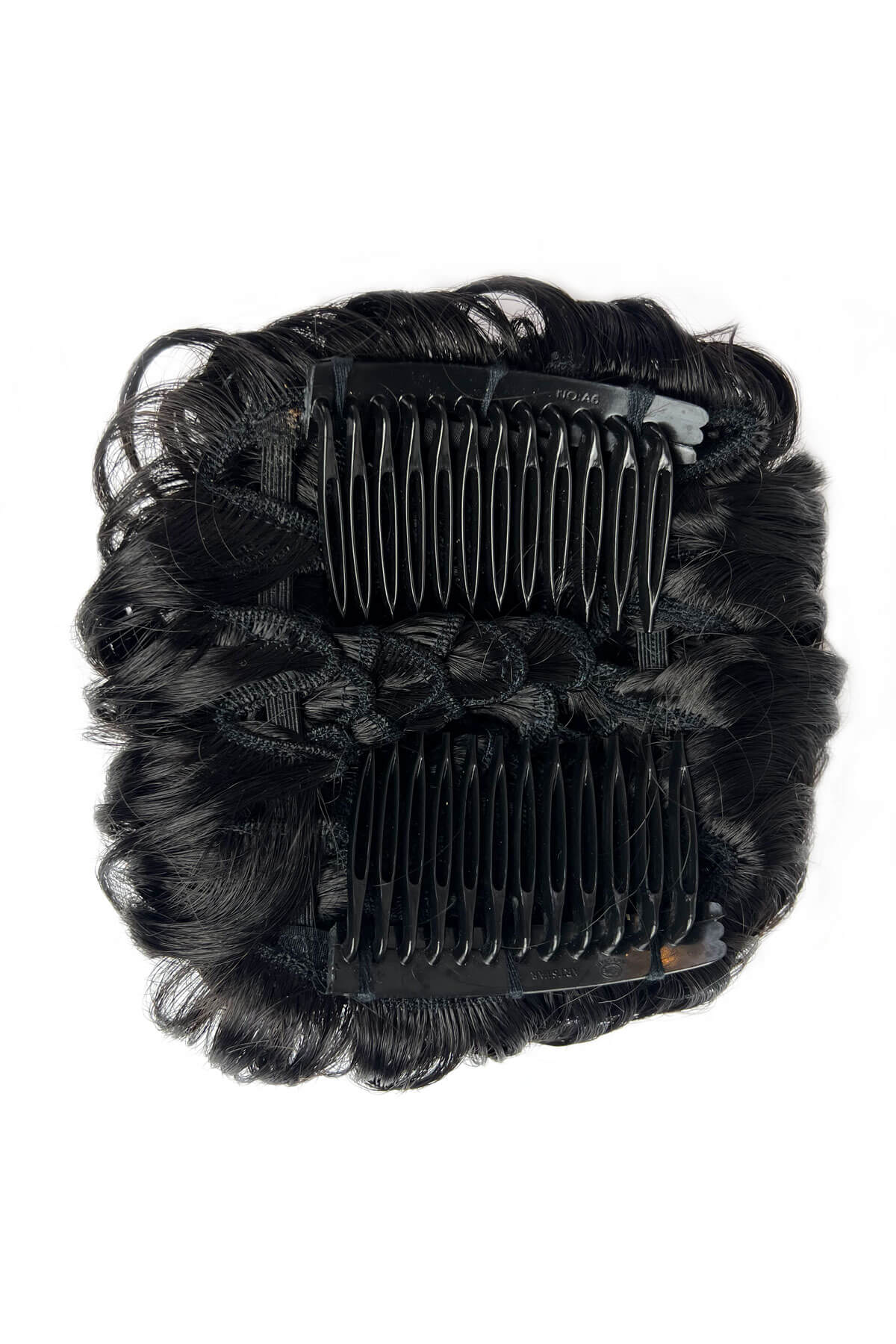 Black hair extension with a comb on a white background. Hair poodle clip-in hairpiece bun vintage style 1950s: Lucille black 1B