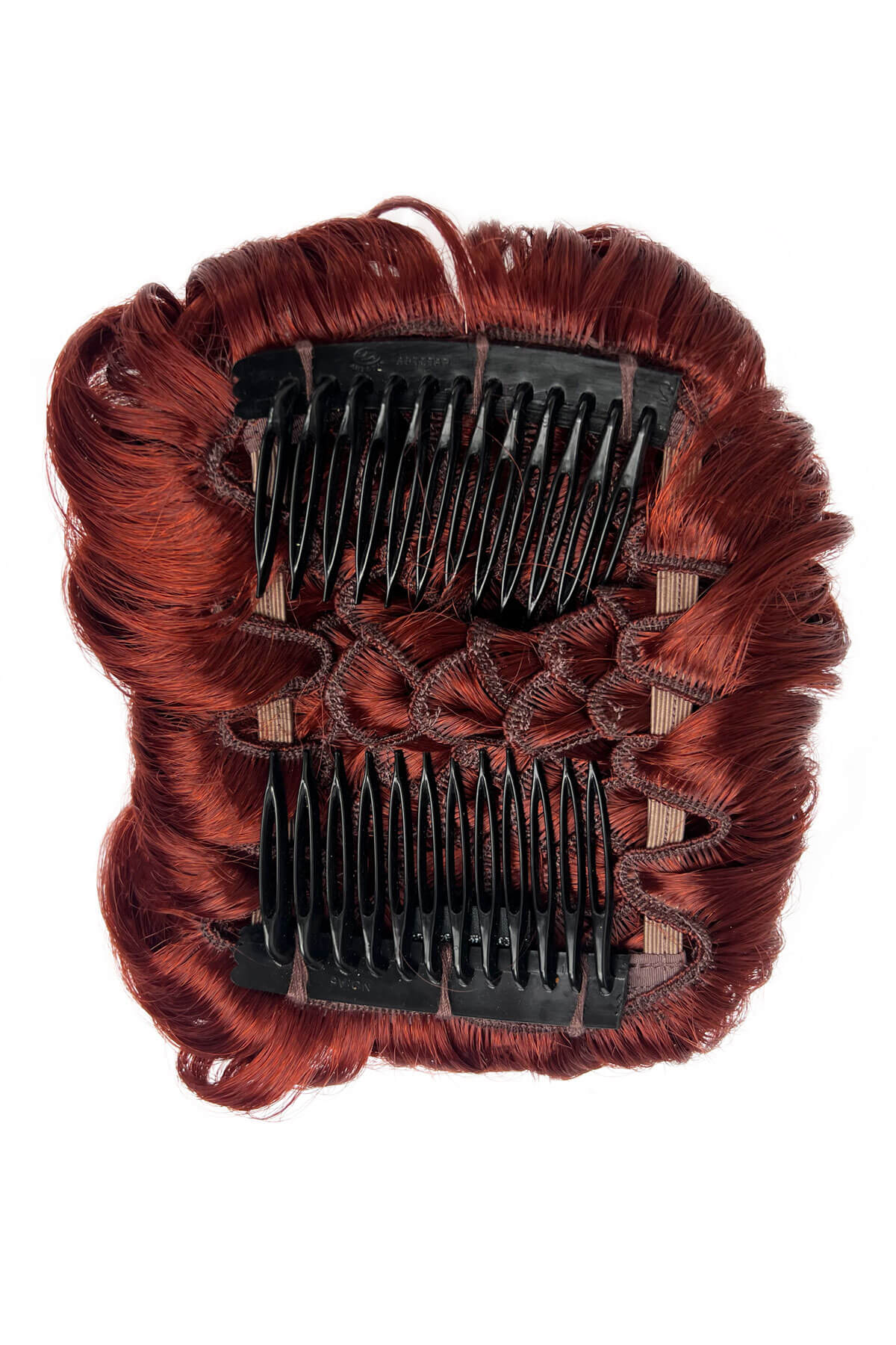 Copper red hairpiece with black comb on a white background. Hair poodle clip-in hairpiece bun vintage style 1950s: Lucille copper red 130