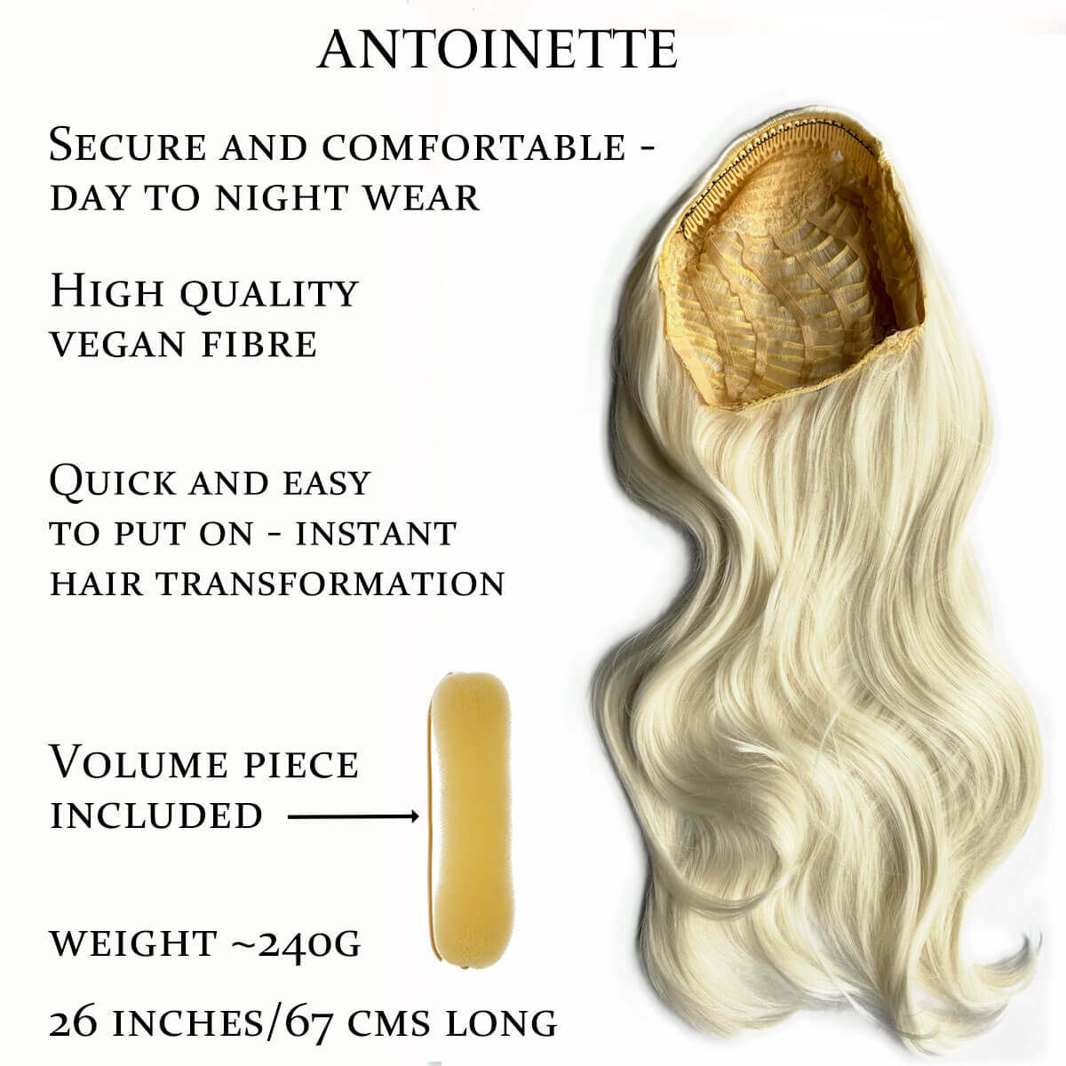 Blonde hair extension with product features listed on a white background. Heat styleable half wig hairpiece, long wavy, Flexihair: Antoinette platinum 1001