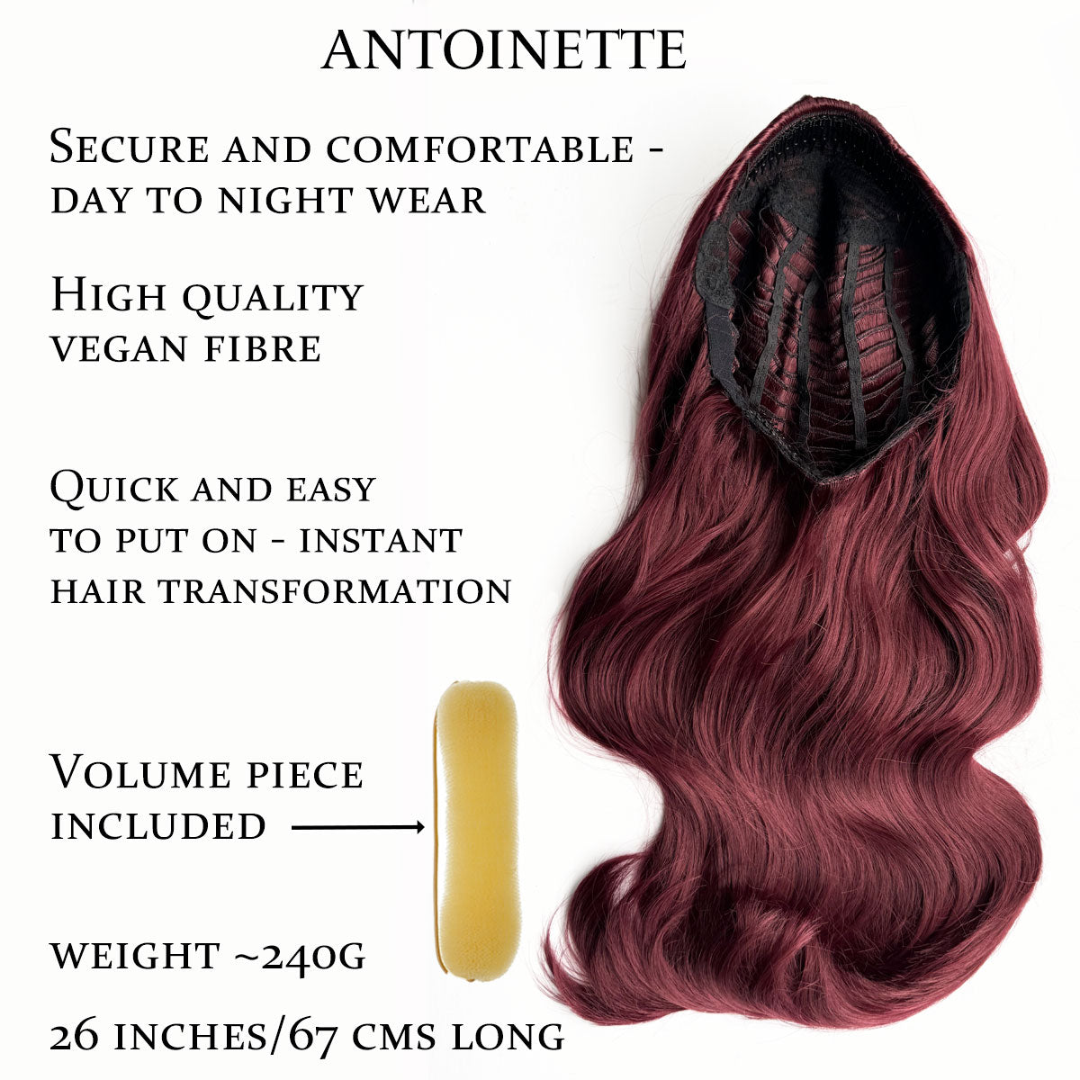 Red hair extension product with features listed on a white background. Heat styleable half wig hairpiece, long wavy, Flexihair: Antoinette cherry red 39