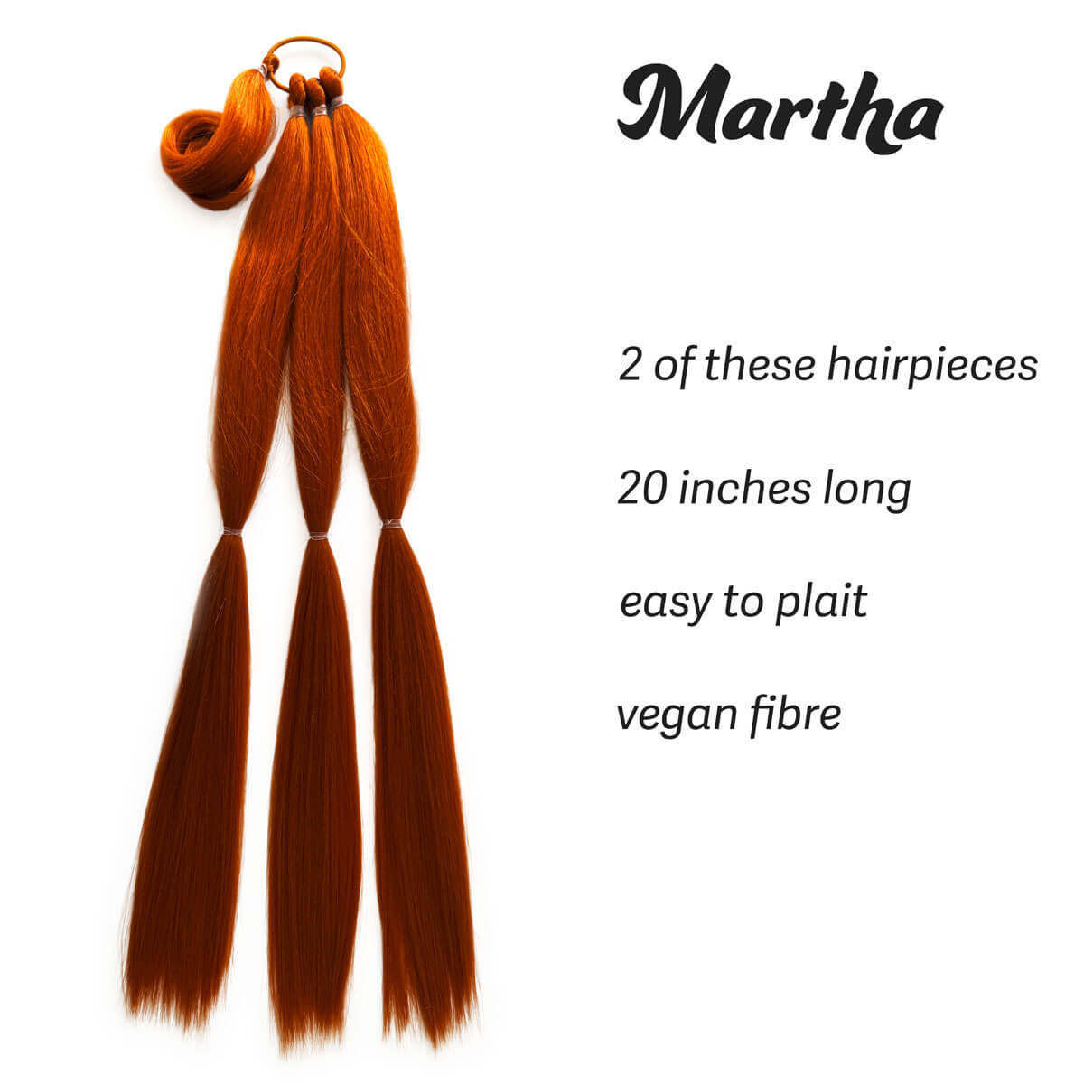 Two ginger hair extensions on a white background with 'Martha' branding. Long double plaited ponytail hairpieces : Martha ginger