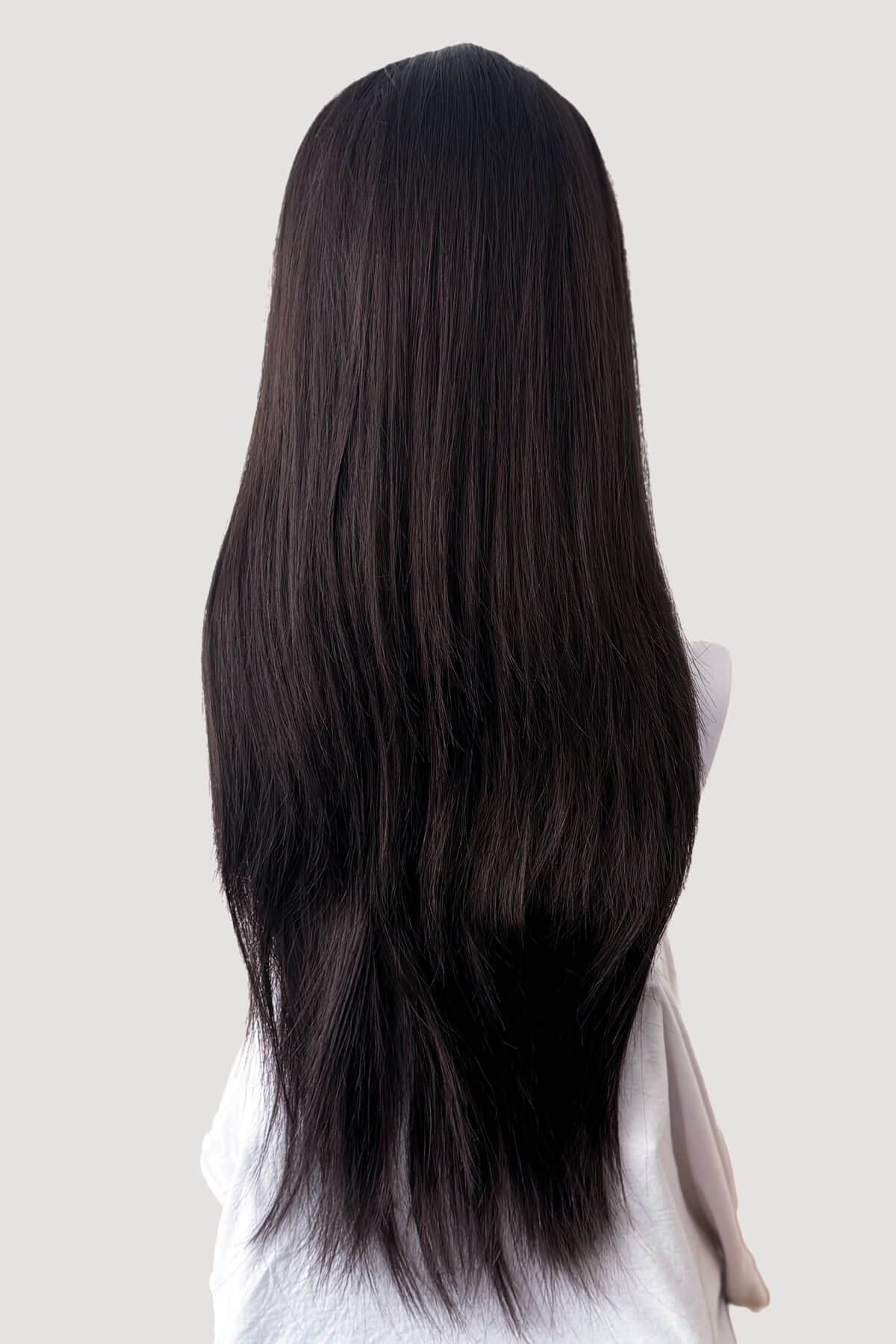 Long black hair on a white background. Straight brown half wig hairpiece extension, long: Faye dark brown 6