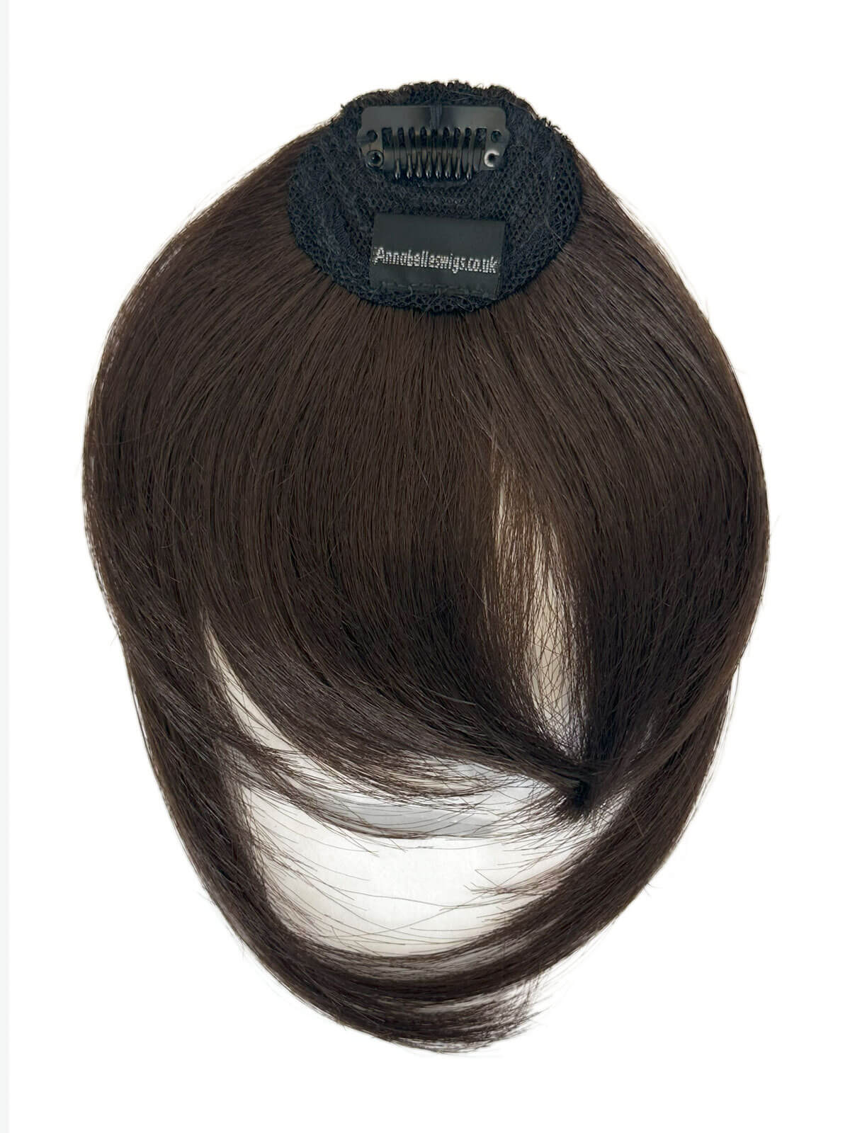 Brown hair extension with a clip on a white background. Clip in fringe hairpiece/clip-in bangs, gently feathered with face framing whisps: Delia dark chocolate brown 6