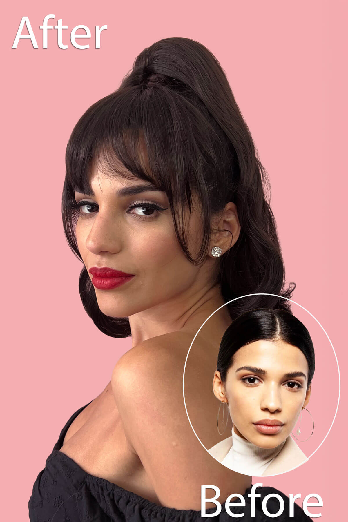 Before and after comparison of a woman with styled hair on a pink background. Clip in fringe hairpiece/clip-in bangs, gently feathered with face framing whisps: Delia