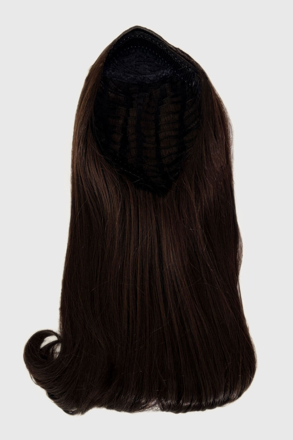 Black hair extension on a white background. 1960s Retro high crown, half wig hairpiece, long with hair flip: Priscilla chocolate brown 6
