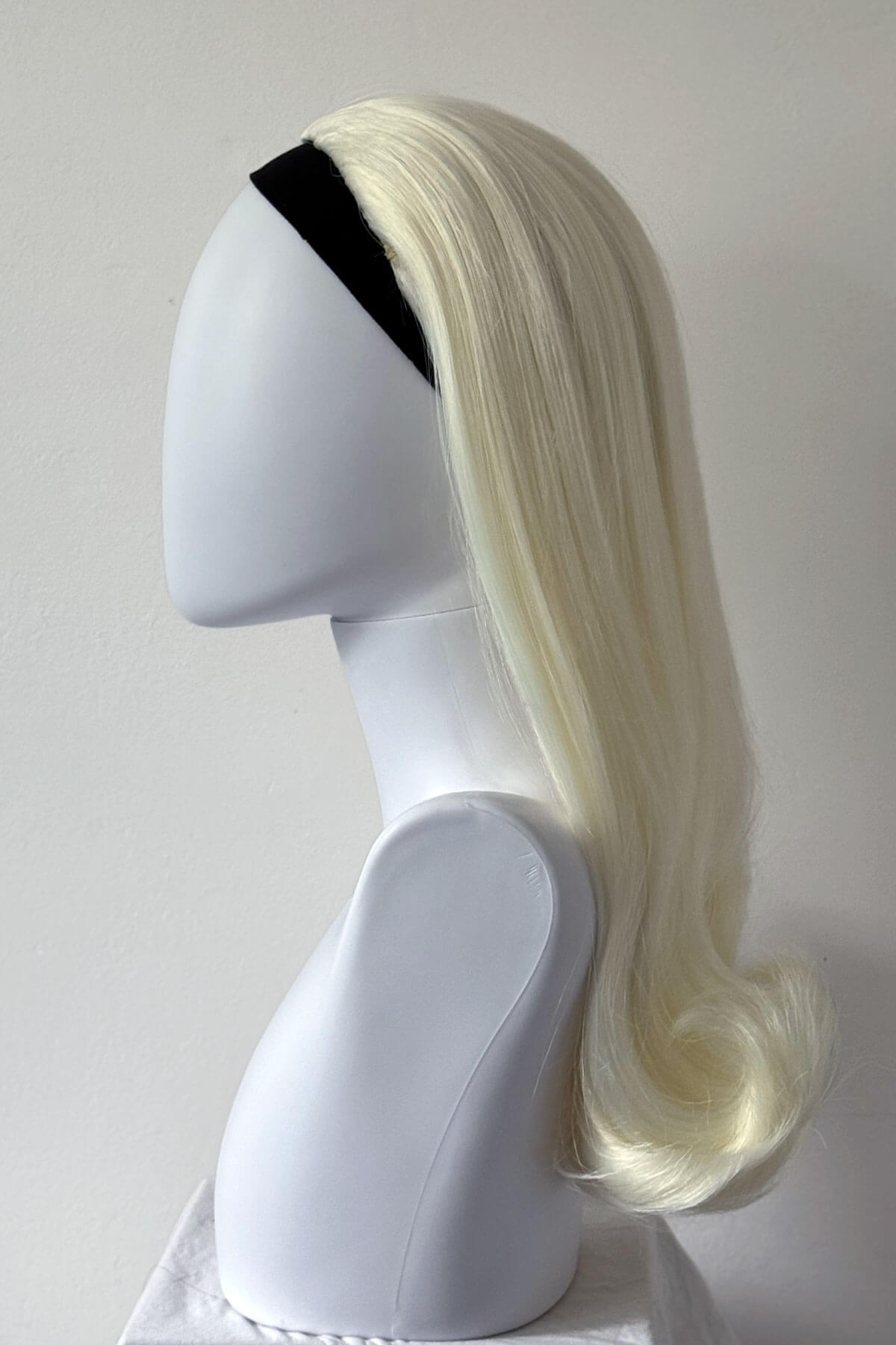 1960s Retro high crown, half wig hairpiece, long with hair flip: Priscilla platinum blonde 1001