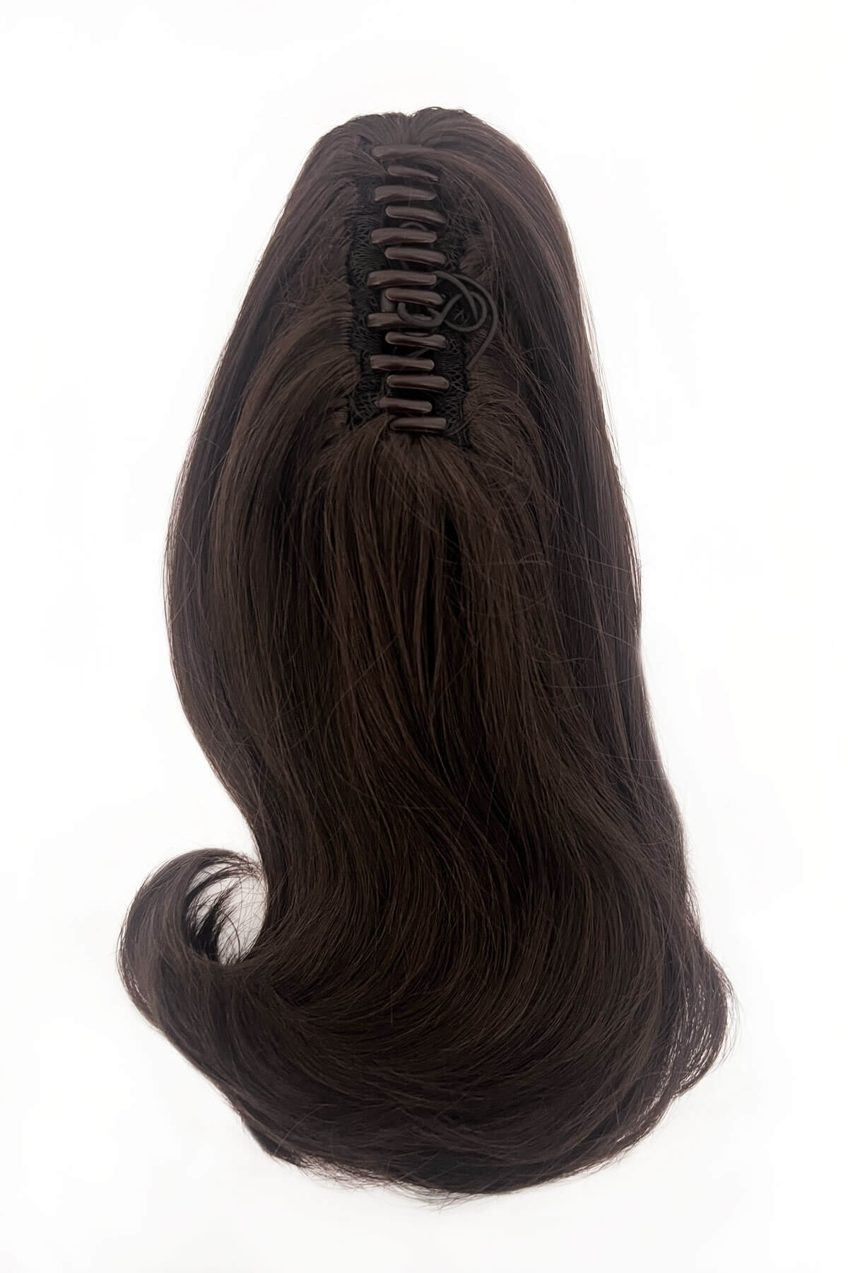 Dark brown hair extension with a clip on a white background. Ponytail hairpiece, shoulder length with flick/flip, retro 1960s style: Ariana dark chocolate brown 6
