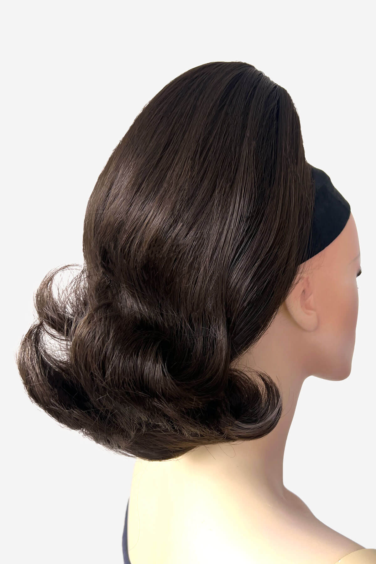 Mannequin head with dark brown hair styled in an updo on a white background. Ponytail hairpiece, shoulder length with flick/flip, retro 1960s style: Ariana dark chocolate brown 6