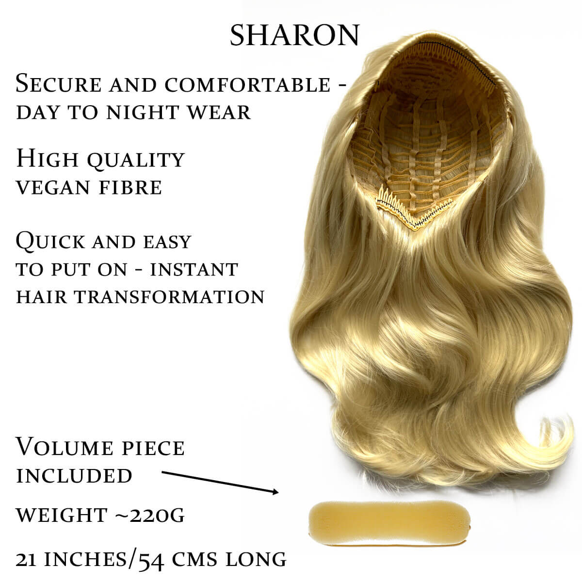 Blonde hairpiece with features listed on a white background. Half wig hairpiece, long and wavy, Flexihair (Heat styleable) and volume ring for high crown: Sharon creamy blonde 613