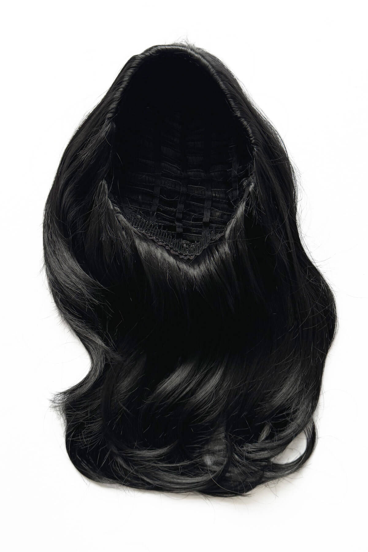 Black hairpiece on a white background. Half wig hairpiece, long and wavy, Flexihair (Heat styleable) and volume ring for high crown: Sharon black 1B