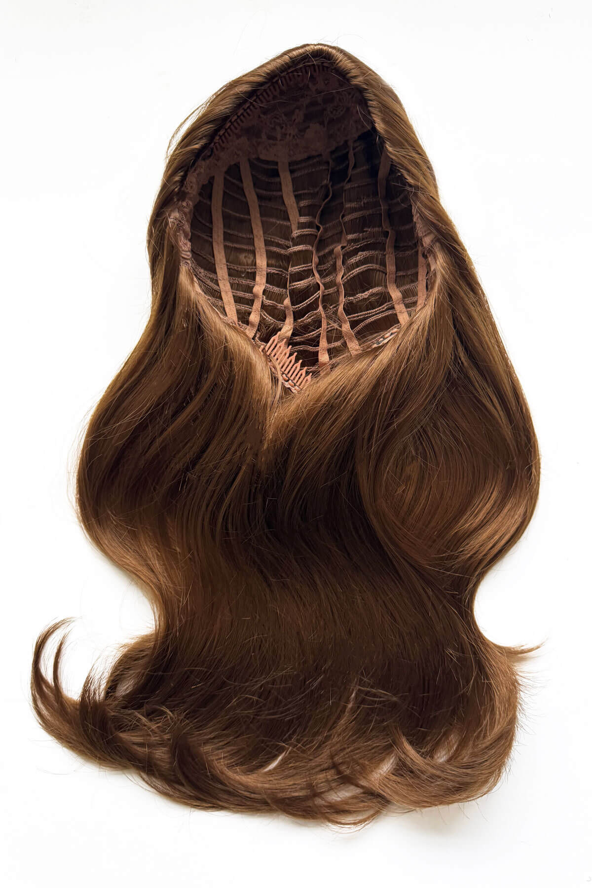 Brown hair extension on a white background. Half wig hairpiece, long and wavy, Flexihair (Heat styleable) and volume ring for high crown: Sharon light brown 12
