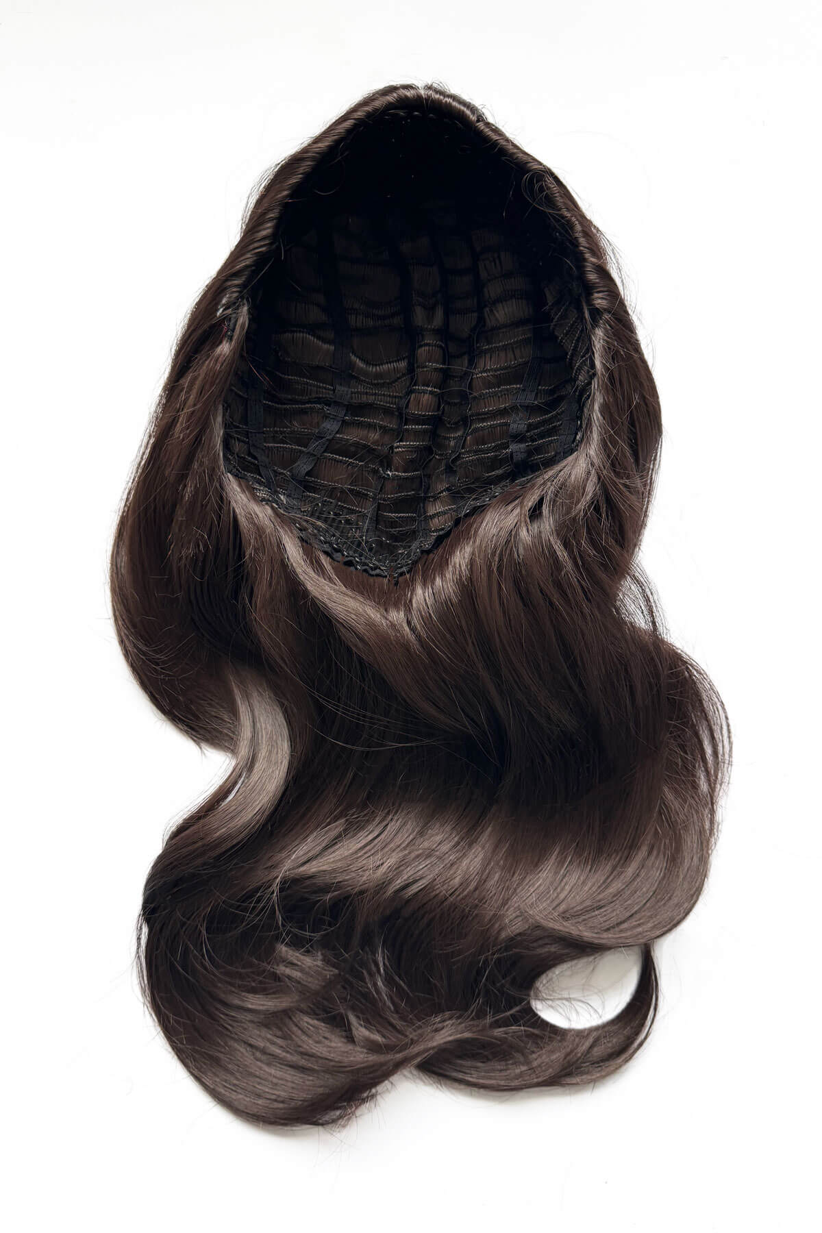 Brown hair extension on a white background. Half wig hairpiece, long and wavy, Flexihair (Heat styleable) and volume ring for high crown: Sharon brown 6