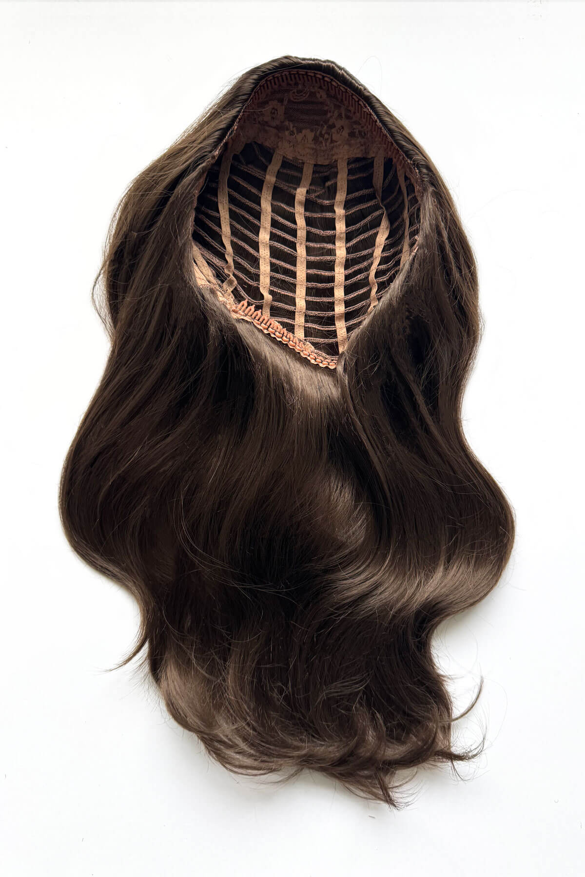 Brown hair extension on a white background. Half wig hairpiece, long and wavy, Flexihair (Heat styleable) and volume ring for high crown: Sharon chestnut brown 8