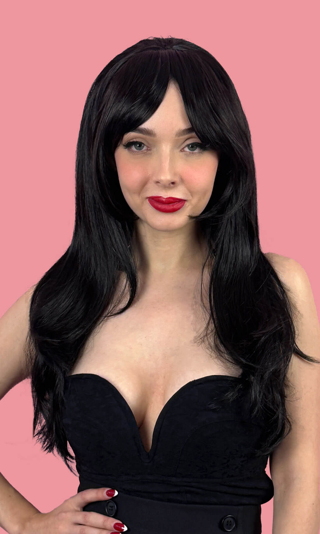 Clip in fringe hairpiece/clip-in curtain bangs, with long, face framing wisps: Sabrina black 1B