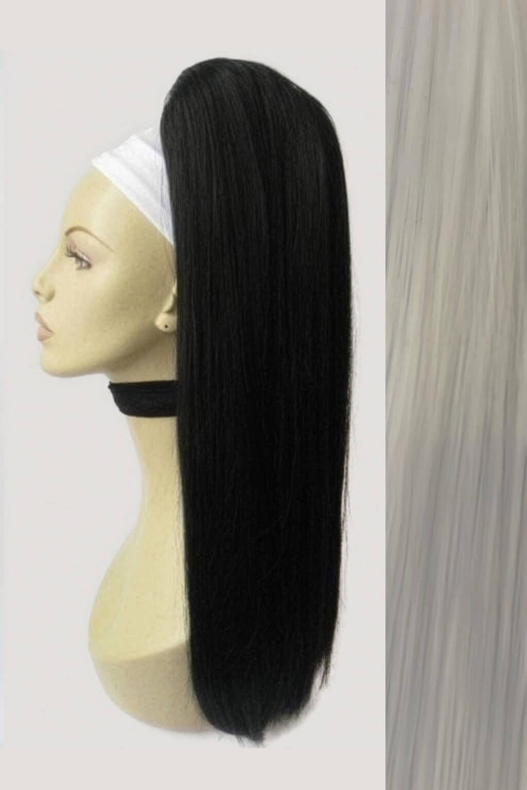 Long straight ponytail with coloured streak: Ayla with grey streak