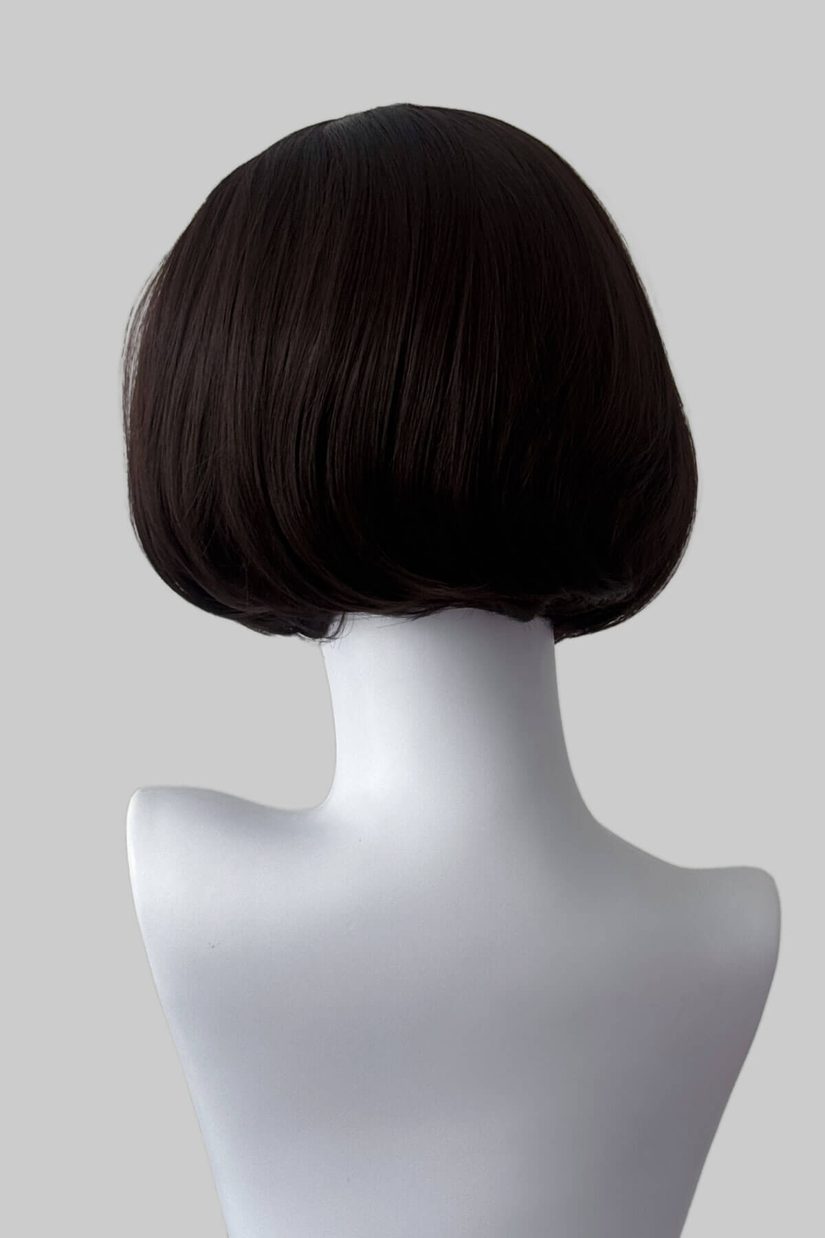 Dark brown bob half wig on a mannequin head against a plain background. Bob half wig hairpiece, Flexihair: Amelie chocolate brown 6