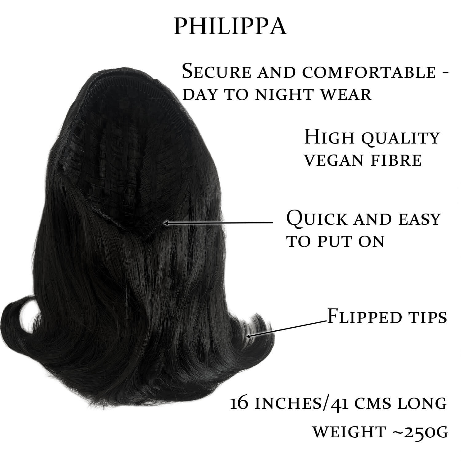 Black hair extension with features labelled on a white background. 1960s half wig hairpiece, flicked, hair flip: Philippa black 1B