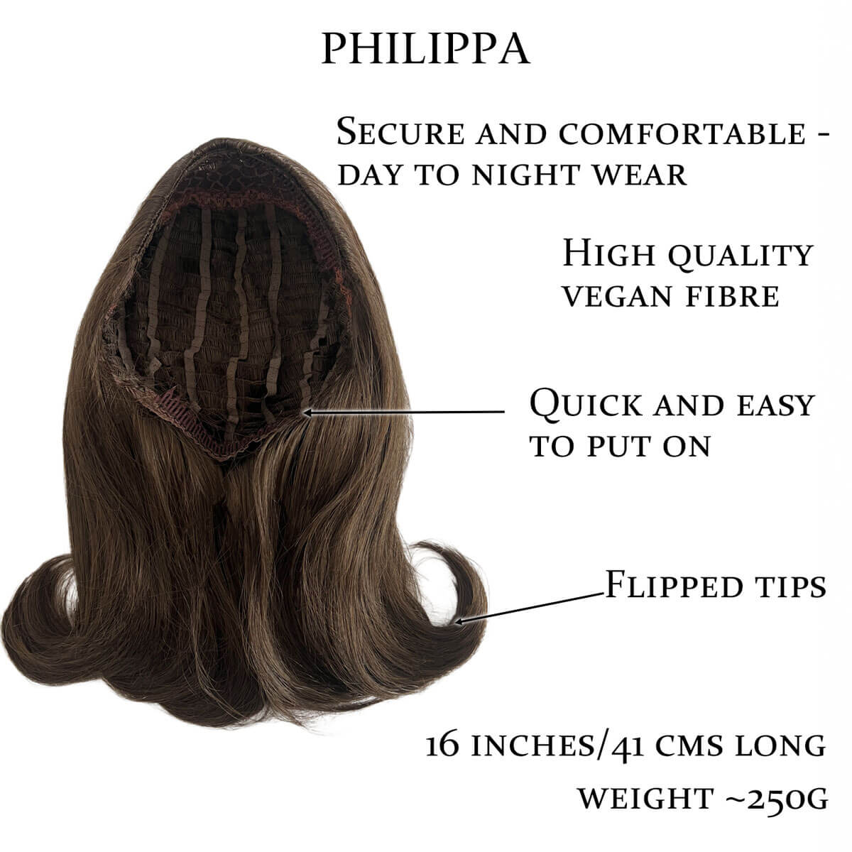 Brown hair extension with features labelled on a white background. 1960s half wig hairpiece, flicked, hair flip: Philippa chestnut brown 8