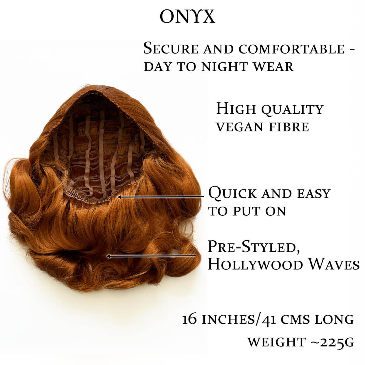 Red wig with text highlighting features on a white background. 1950s style shoulder length half wig hairpiece with beautiful vintage waves: Onyx ginger