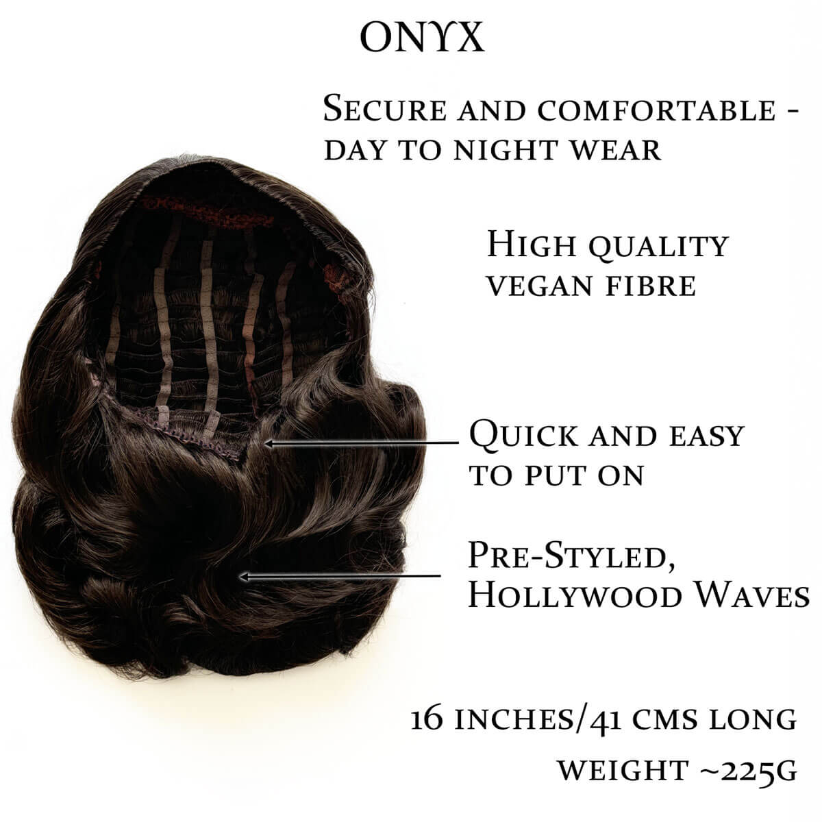 Brown hairpiece product with features highlighted on a white background. Brown hairpiece with a lace front on a white background. 1950s style shoulder length half wig hairpiece with beautiful vintage waves: Onyx chestnut brown 8