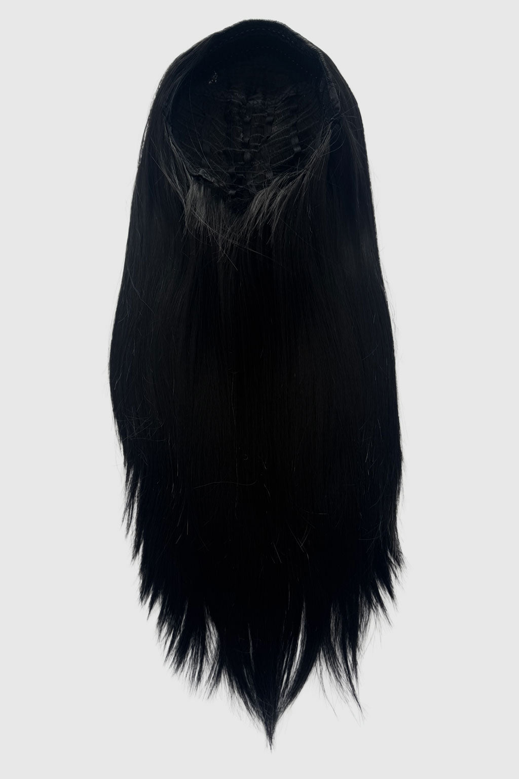 Black wig on a white background. 1960s style hair, high crown long straight half wig: Andrea black 1B