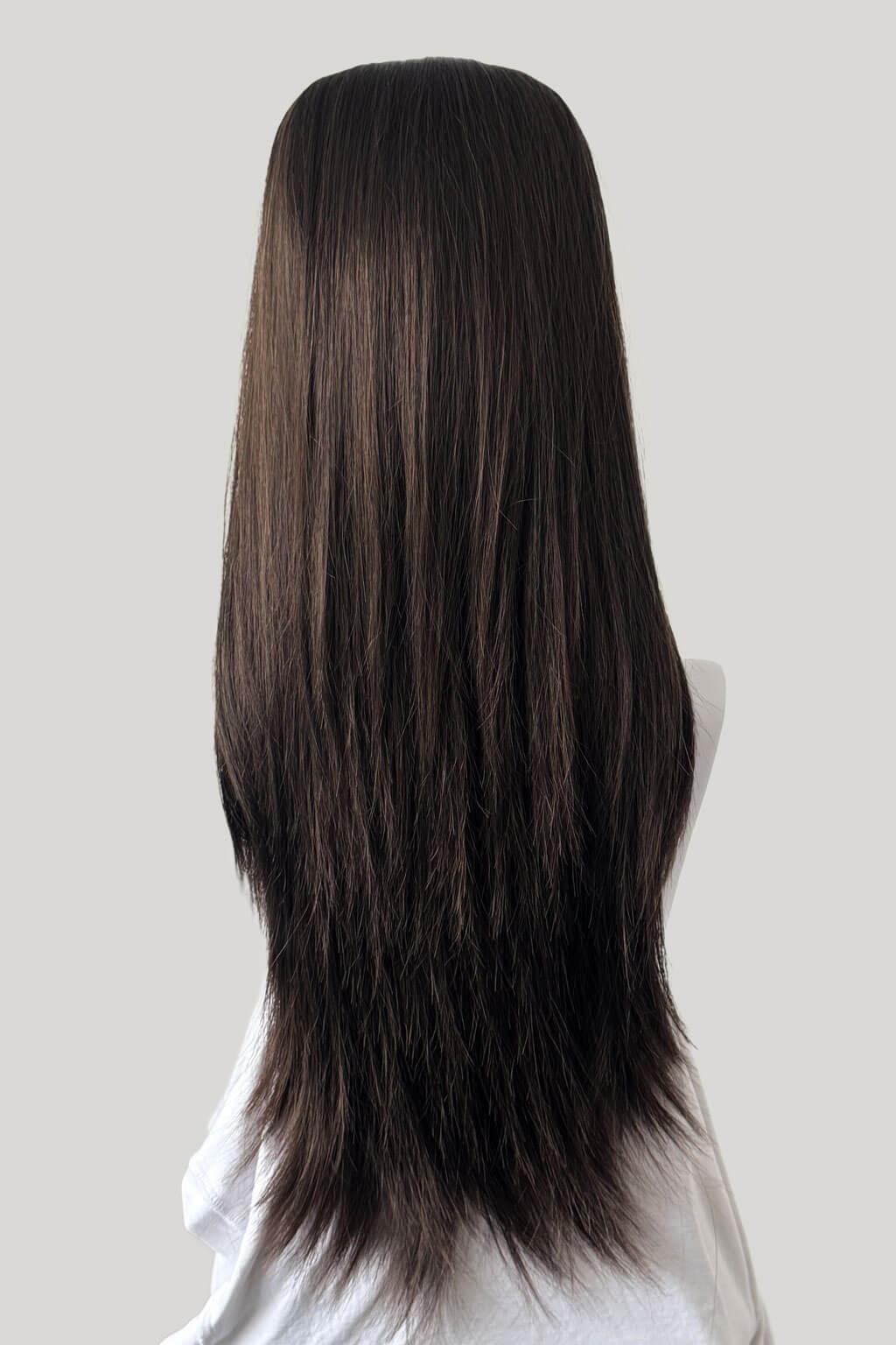 Long chestnut brown hair on a plain background. 1960s style hair, high crown long straight half wig: Andrea chestnut brown 8