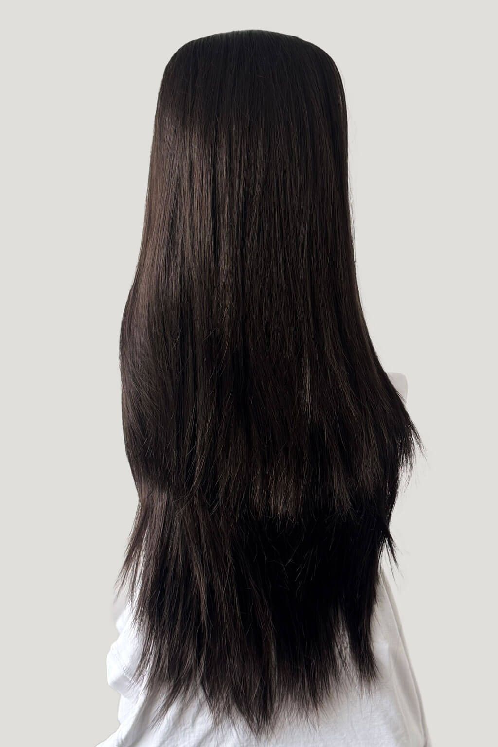 Long dark chocolate brown hair on a plain background. 1960s style hair, high crown long straight half wig: Andrea dark chocolate brown 6