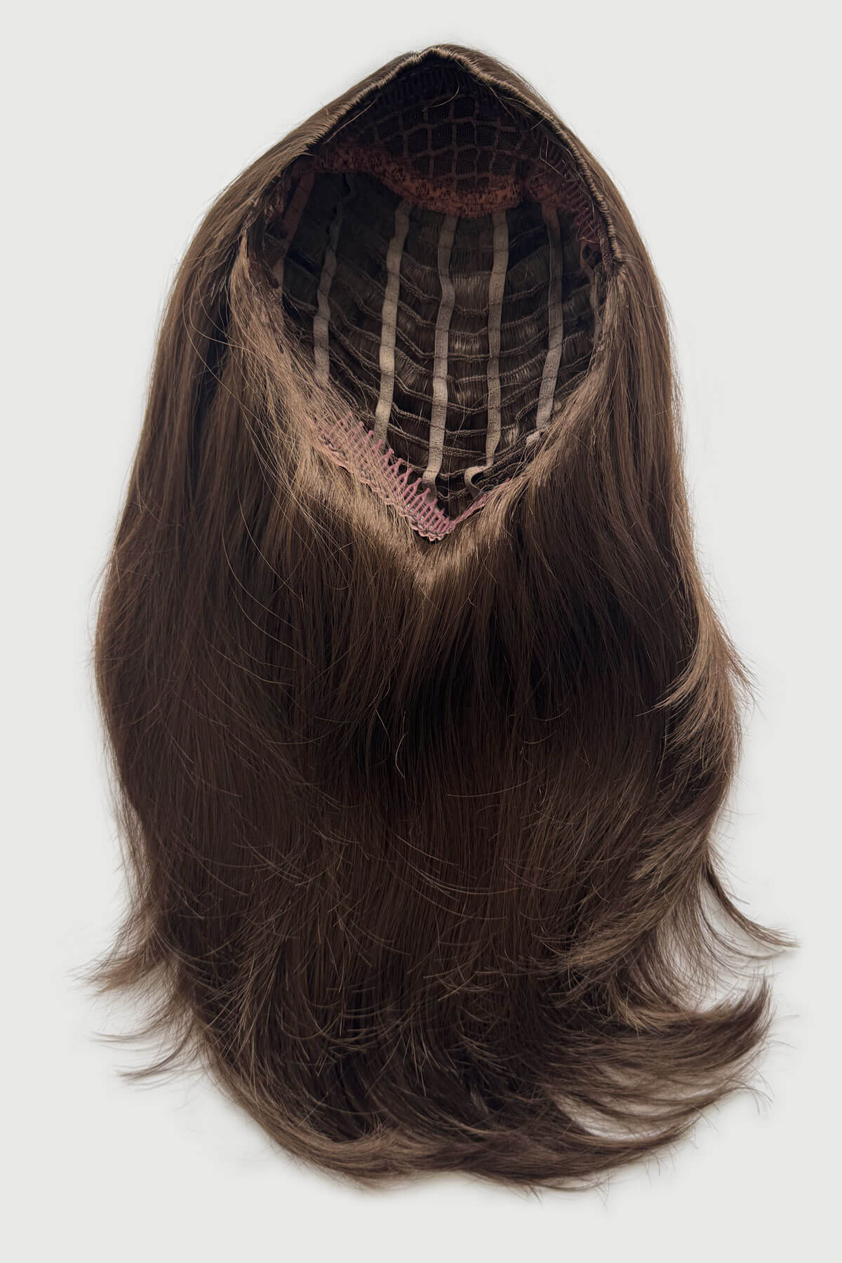 Brown hair extension on a white background. Brown half wig hairpiece (3/4 wig), gently layered: Briar chestnut brown 8