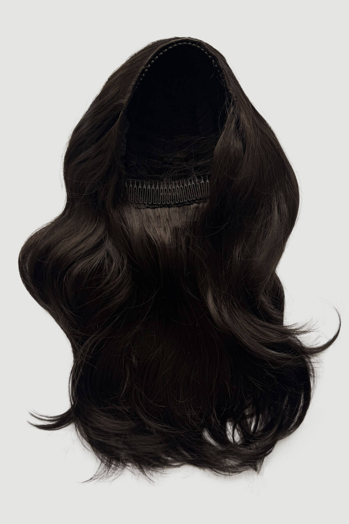 Black hair extension on a white background. Brown half wig hairpiece, layered and straight: Summer dark brown 4