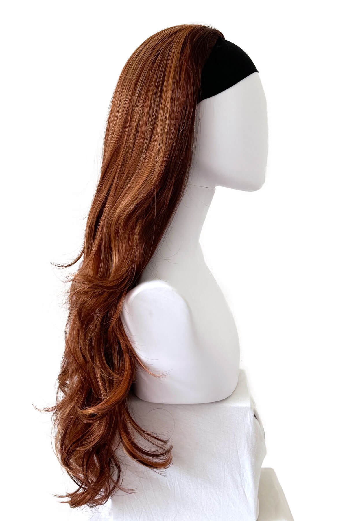 Brown wig on a mannequin head against a white background. Red half wig (3/4 hairpiece) with long waves: Sasha red auburn blonde BO