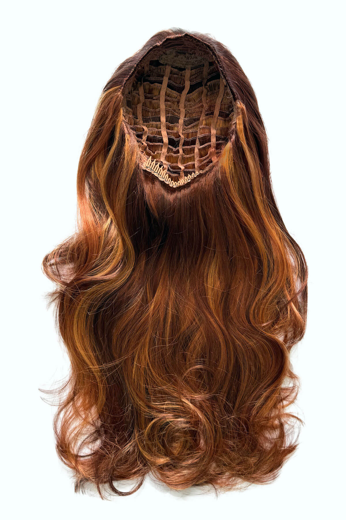 Brown hair extension on a white background. Red half wig (3/4 hairpiece) with long waves: Sasha red auburn blonde BO