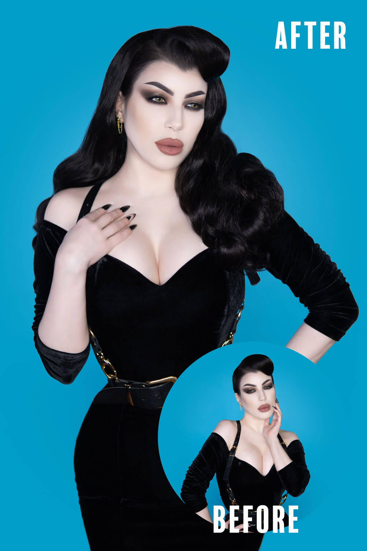 Before and after comparison of a woman in a black outfit against a blue background. 1950s style half wig hairpiece with beautiful waves: Morgana jet black 1