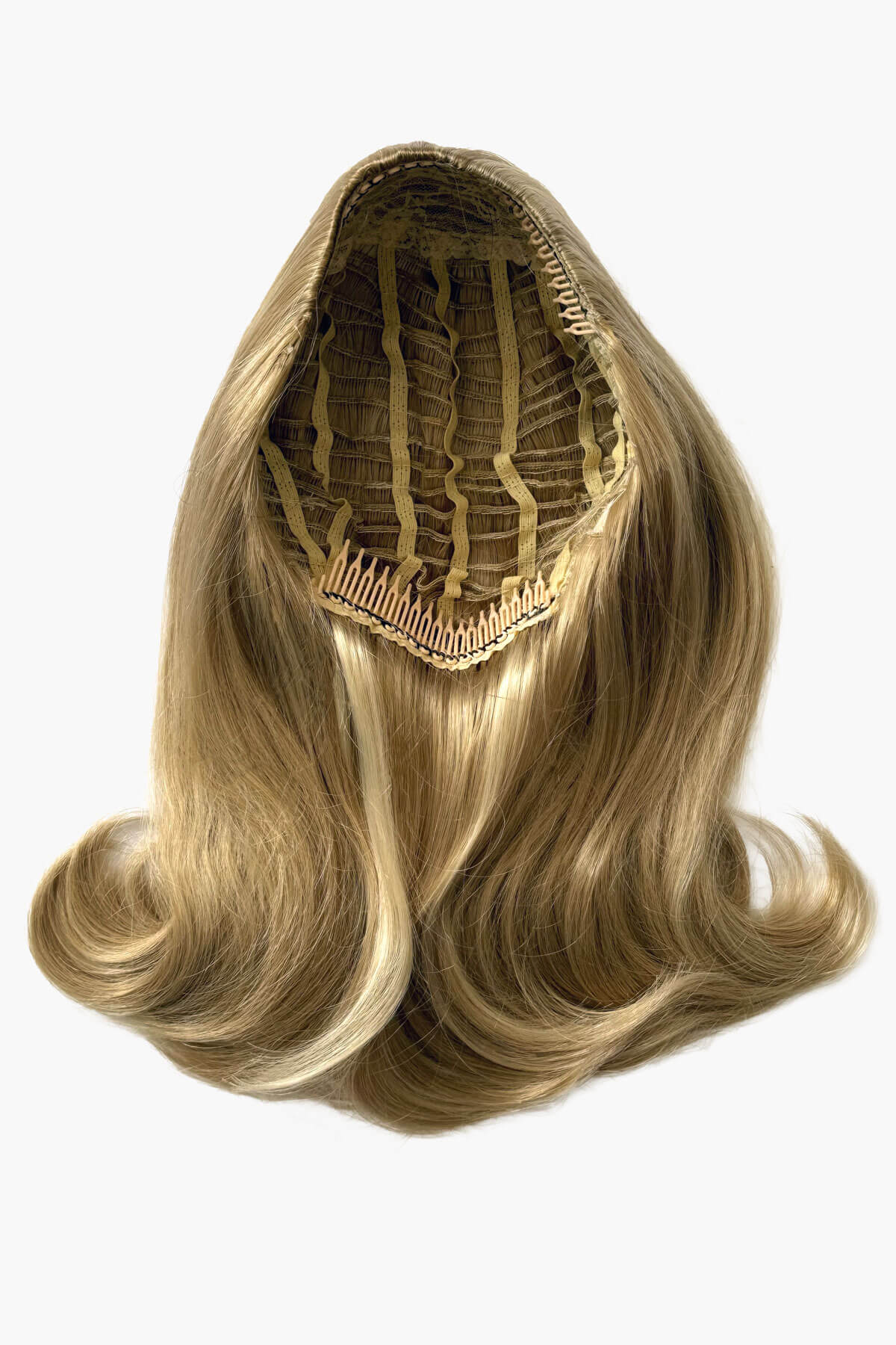 Blonde wig with a clear plastic cap on a white background. 1960s half wig hairpiece, flicked, hair flip: Philippa blonde 24H613