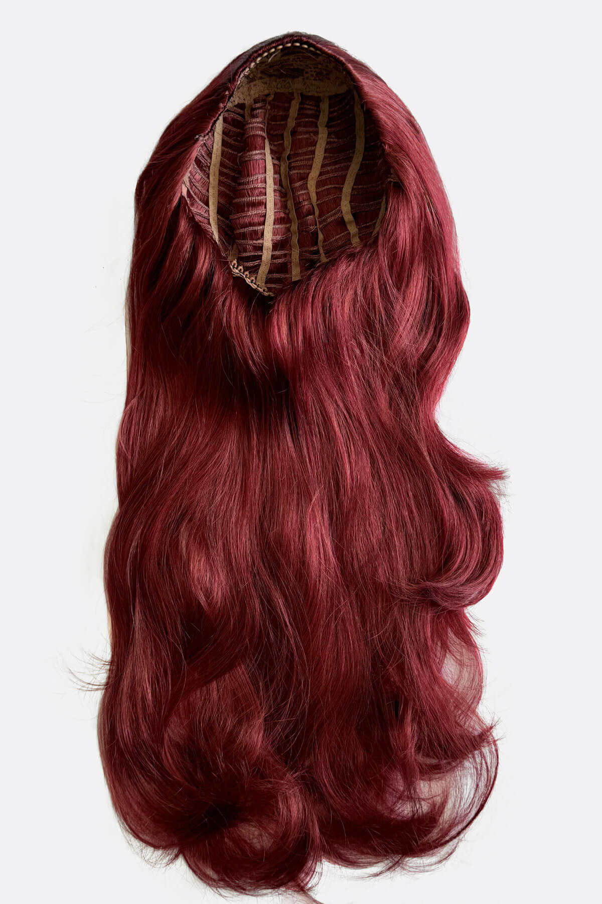 Red half wig with a white background. Red half wig hairpiece (3/4 wig), gentle curls: Ivy copper red and wine red 350-39