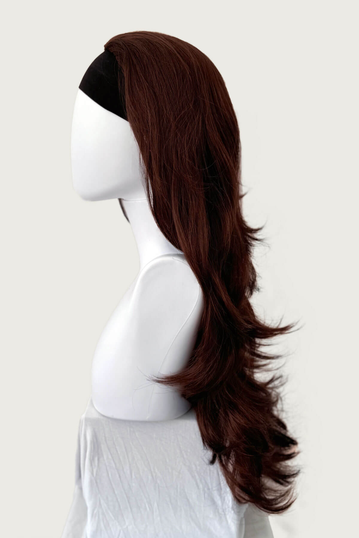 Reddish brown half wig hairpiece with long, gentle waves: Heather