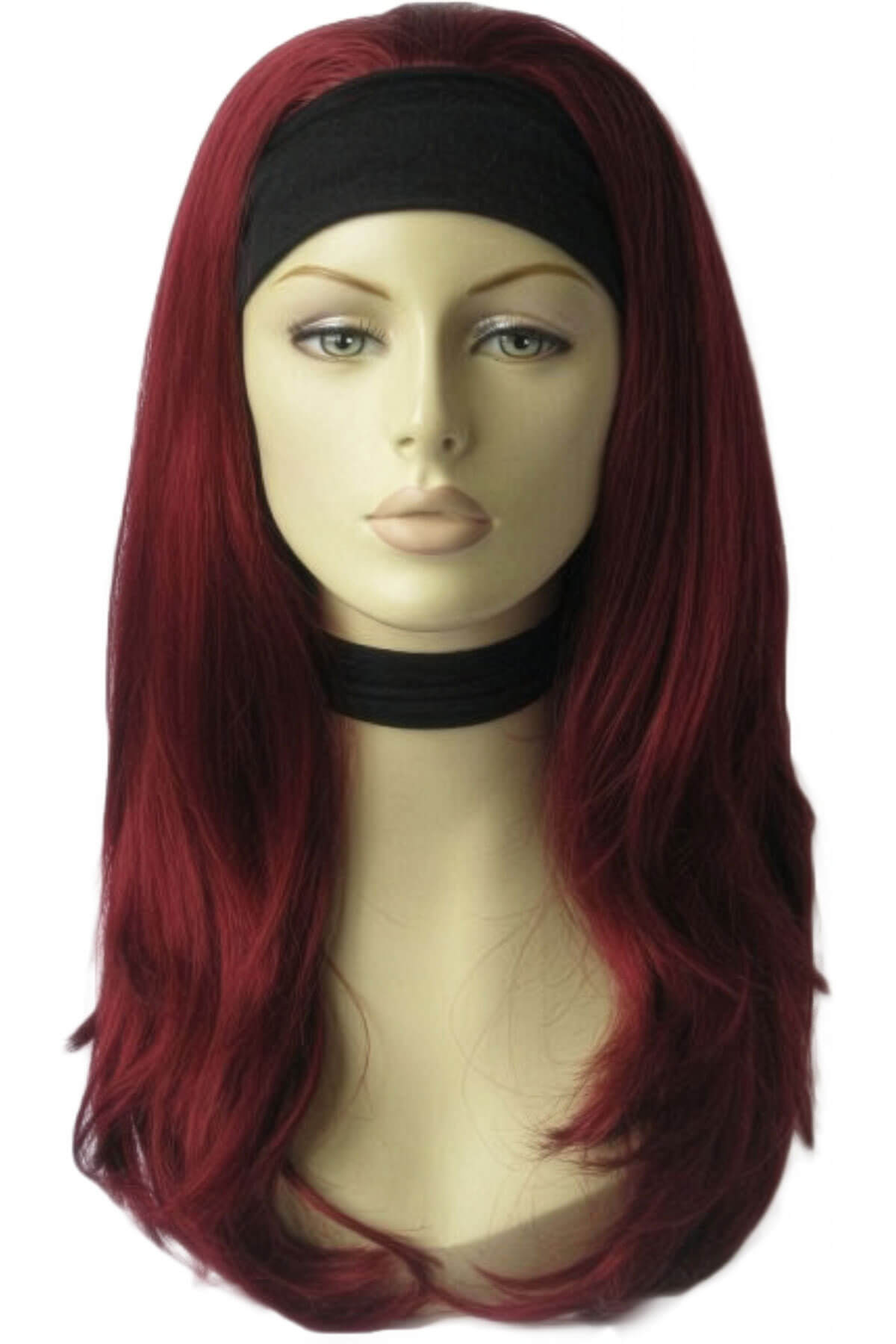 Red wig on a mannequin head with a black headband against a white background. Straight red half wig hairpiece extension (half wig): Franchesca