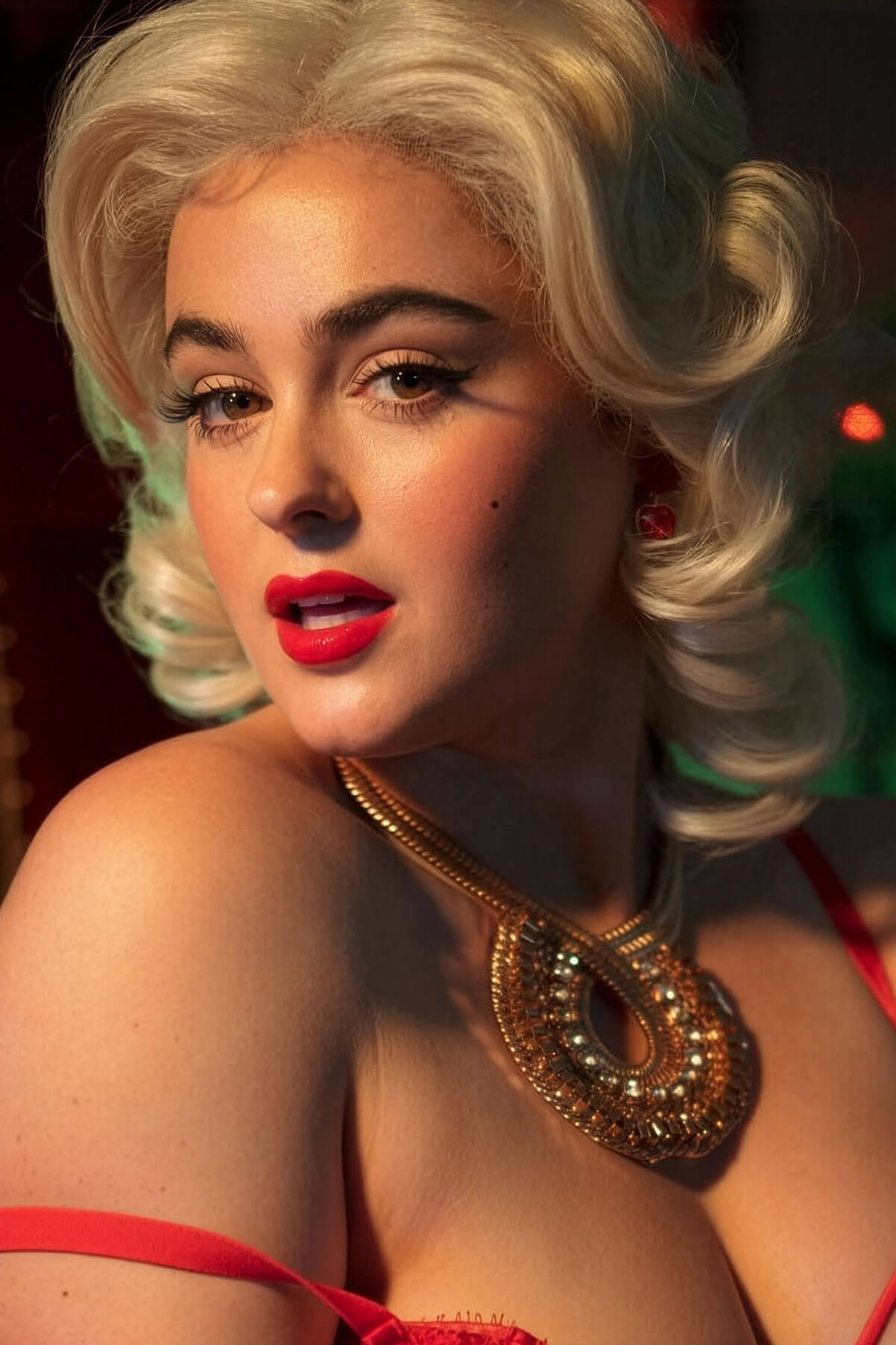 Person with blonde hair styled in curls, wearing a red top and gold necklace. Blonde lace front wig, pinup/vintage style, mid length with finger waves: Lucinda creamy blonde 613