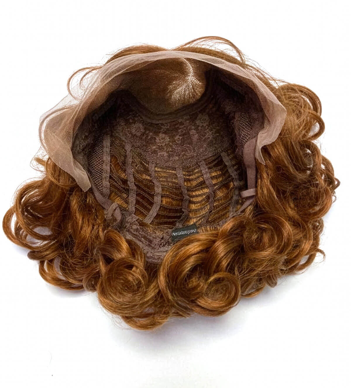 Brown curly wig on a white background. Red, auburn & blonde pinup wig, lace front, vintage style: Ginny