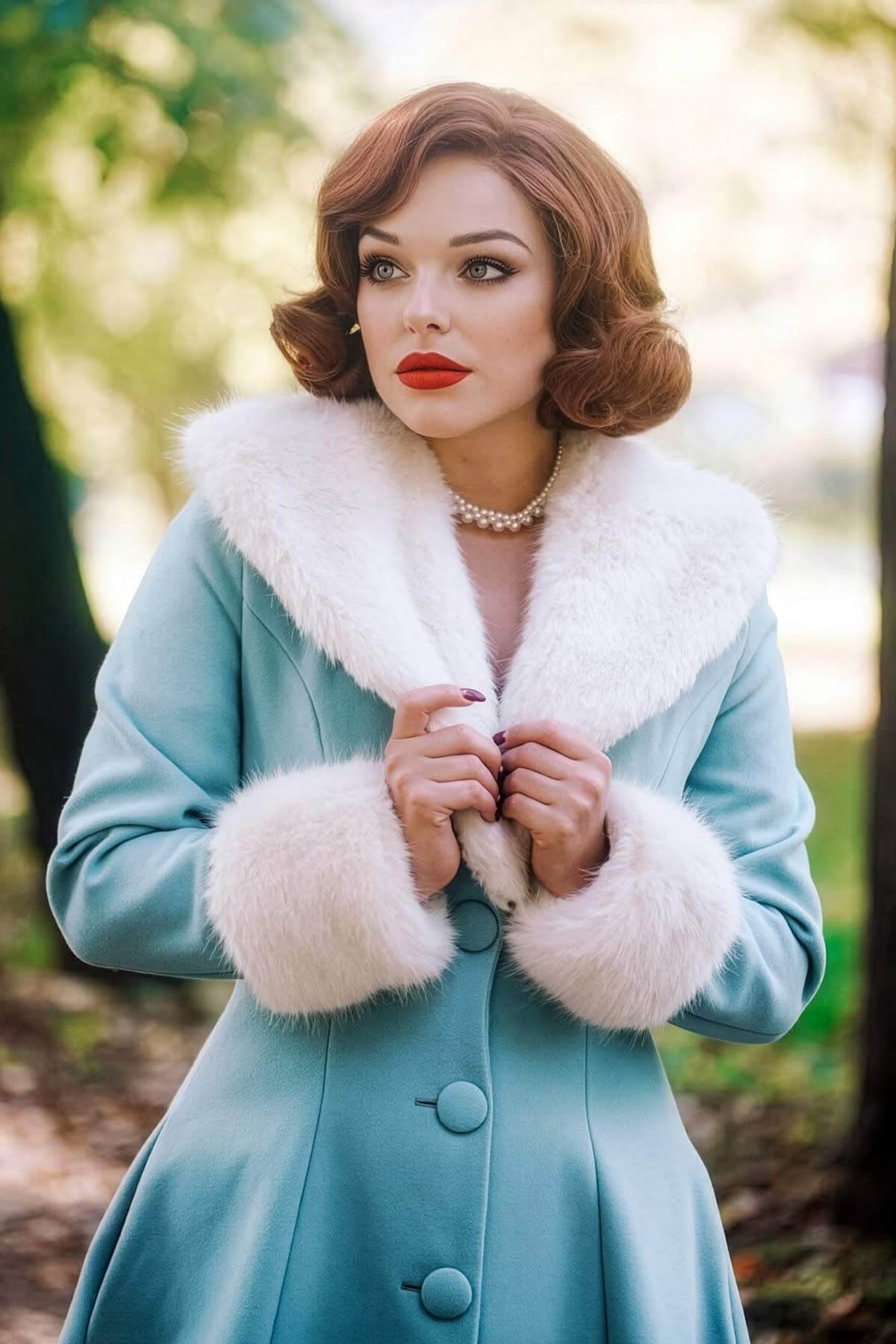 Woman wearing a light blue coat with white fur trim in an outdoor setting. Red, auburn & blonde pinup wig, lace front, vintage style: Ginny