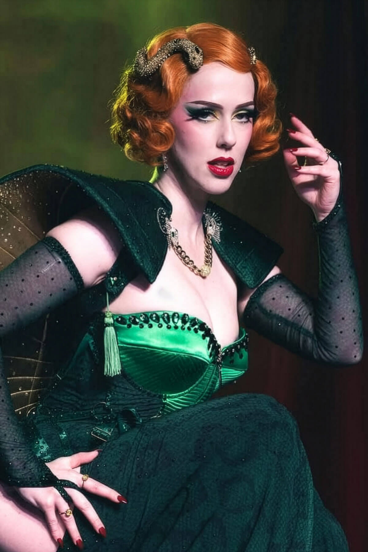 Woman in a green dress and ginger hair with black gloves and a dark background. Red wig on a mannequin head against a white background. Ginger pinup wig, lace front, vintage style: Flo