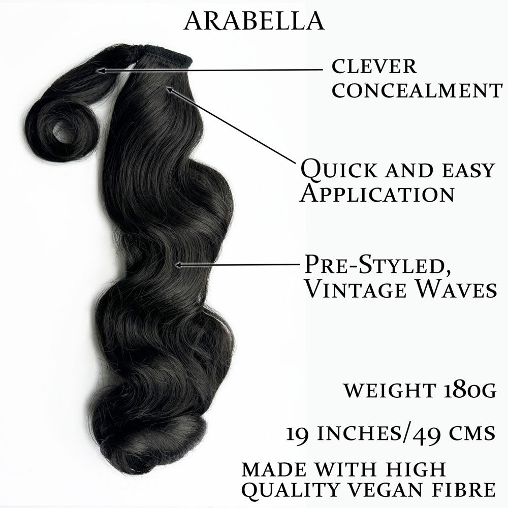 Retro style ponytail hairpiece, long with vintage waves: Arabella black 1b