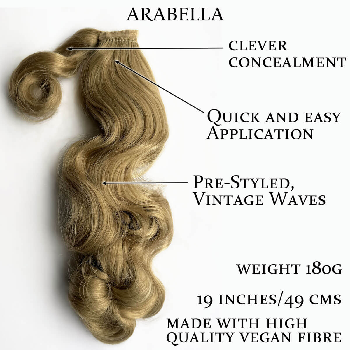Blonde hair extensions with features labeled on a white background. Retro style ponytail hairpiece, long with vintage waves: Arabella
