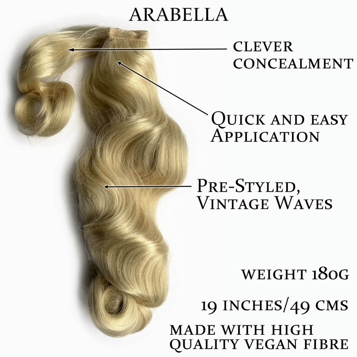 Blonde hair extension labeled with features on a white background. Retro style ponytail hairpiece, long with vintage waves: Arabella champagne blonde 613