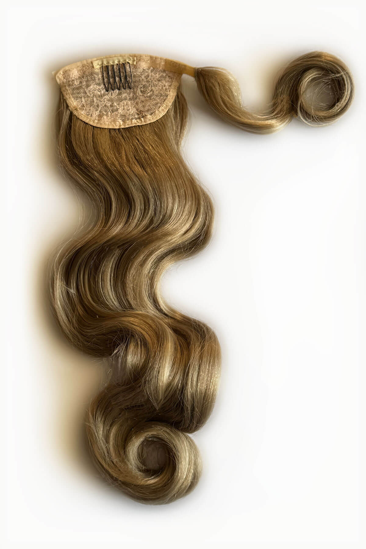 Blonde hair extension with wavy texture on a white background. Long ponytail hairpiece with vintage waves: Kitrysha - blonde 24H613