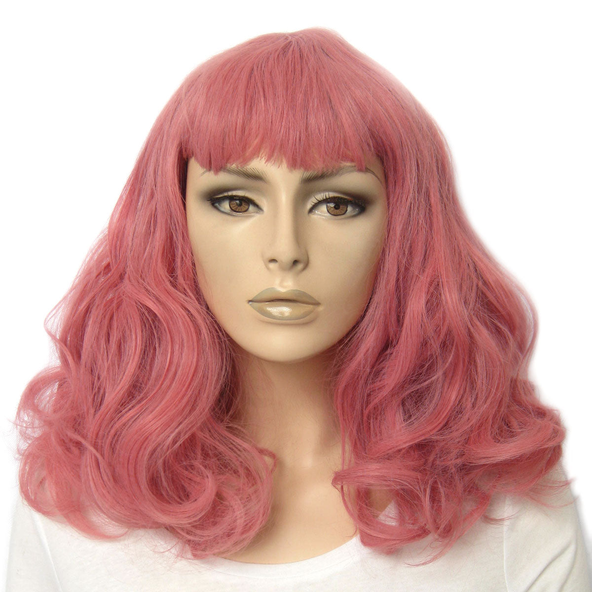 Mannequin head with pink wig on a white background. Dusty Pink 50s vintage style wig with short fringe: Paloma