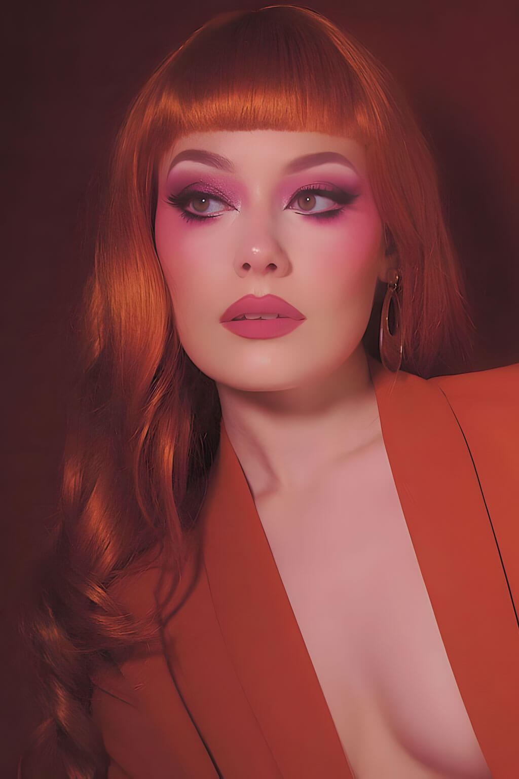 Woman with vibrant makeup and red hair wearing an orange blazer against a dark background. Long ginger wig with loose waves and curls: Ginger