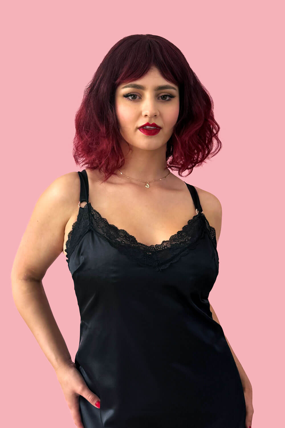 Red and black long wavy bob (lob) wig with swept fringe: Blaze