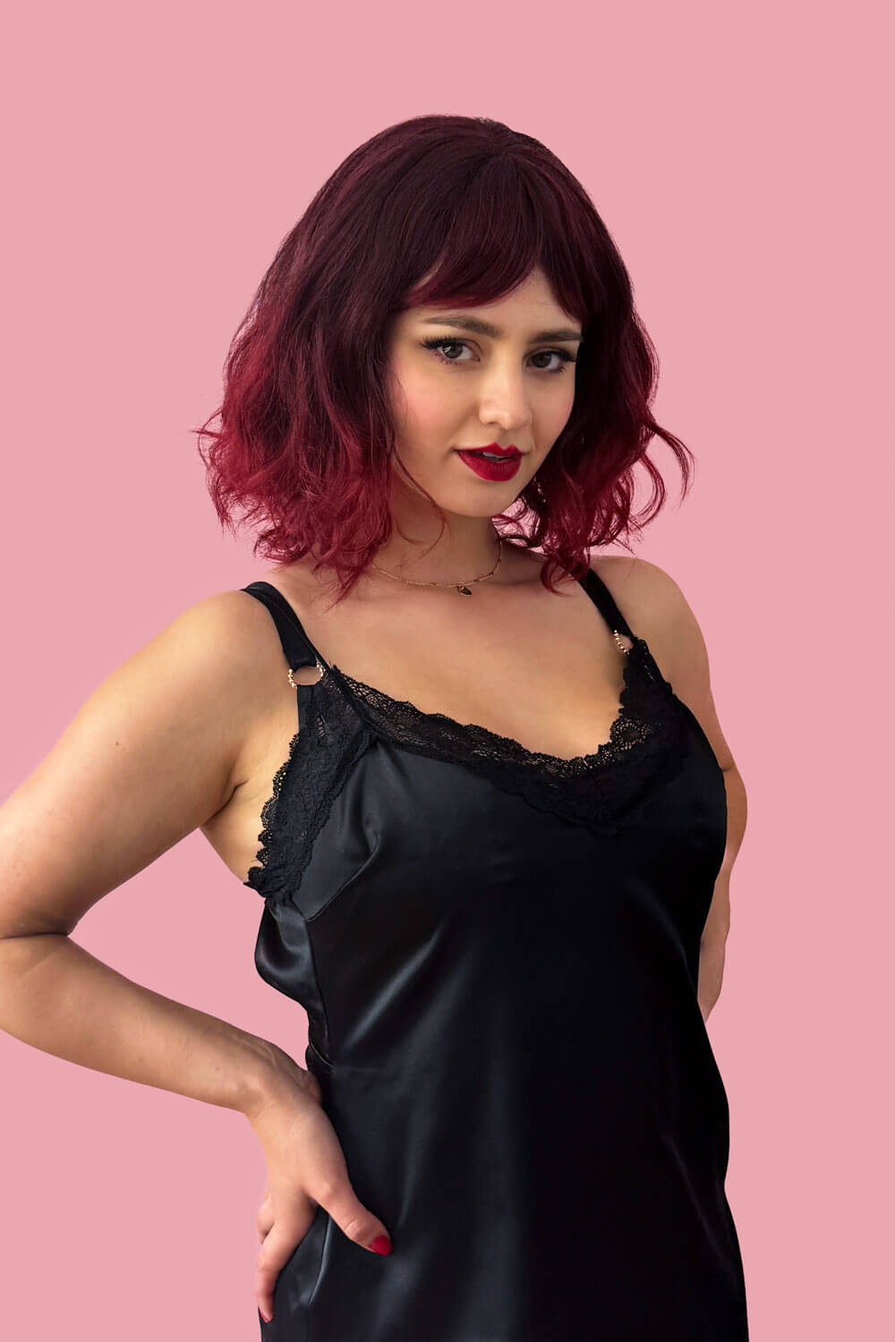 Red and black long wavy bob (lob) wig with swept fringe: Blaze