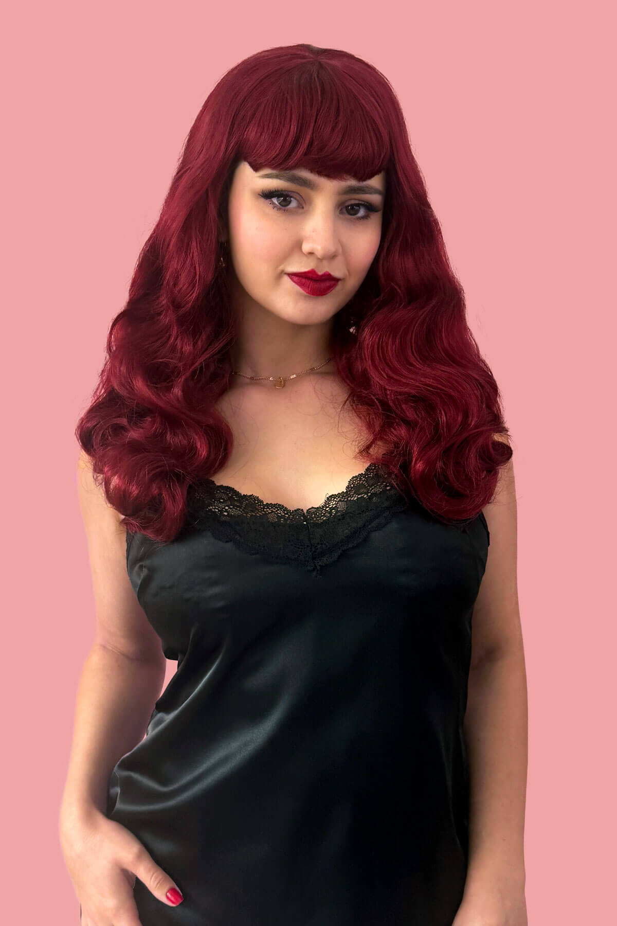 Long cherry red pin-up wig, gently wavy with short fringe: Maeve